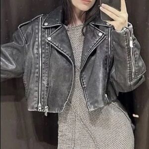Women's cropped Gray Moto  Jacket
